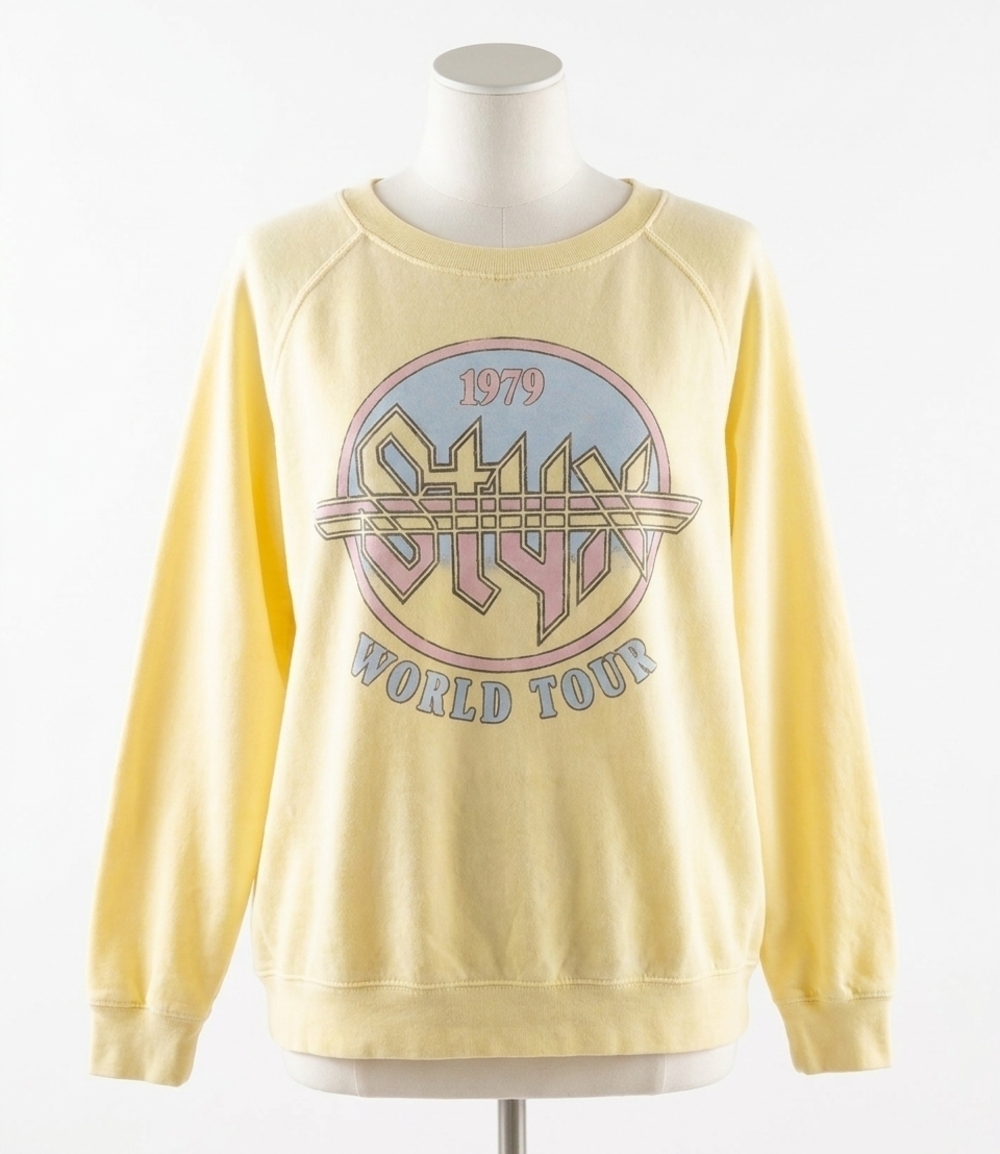 NEW RECYCLED KARMA women's styx 1979 tour sweatshirt in yellow
